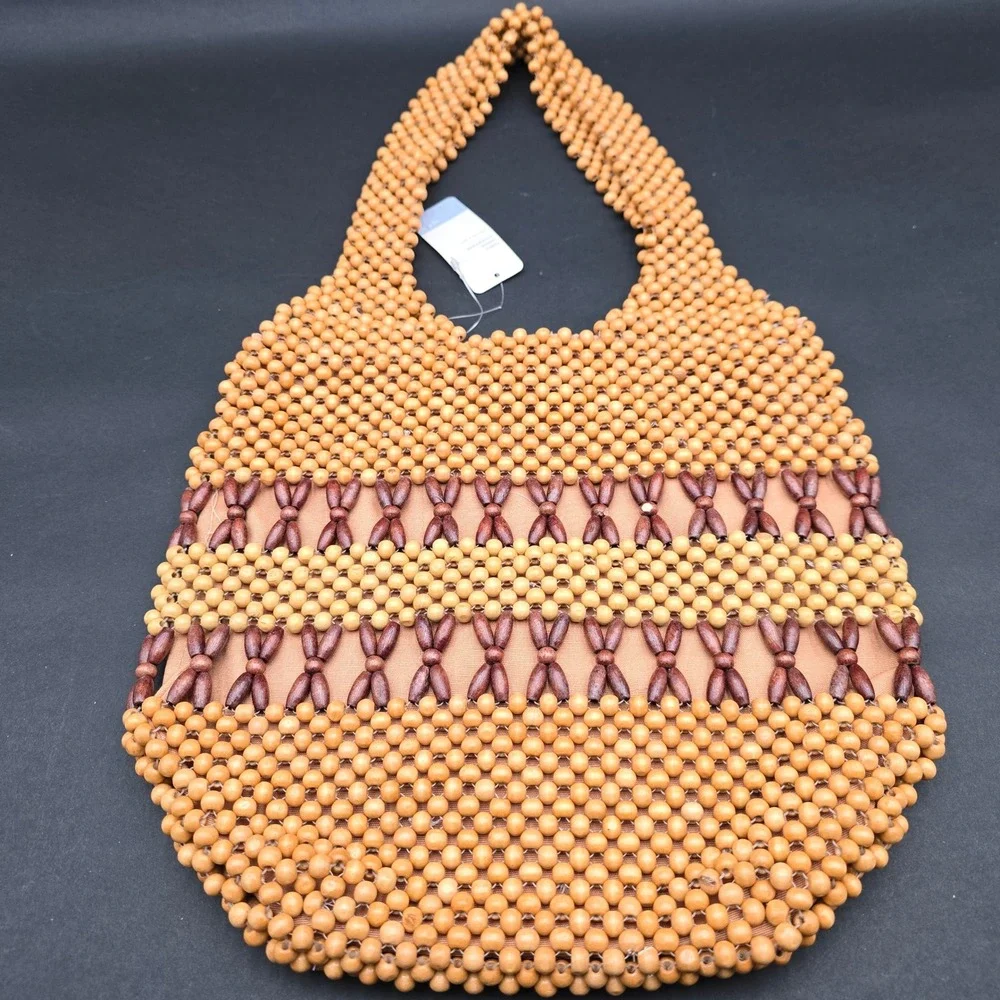 Apt. 9 Wood Beaded Hobo Bag Natural Brown Boho Summer Handbag NWT KB55211